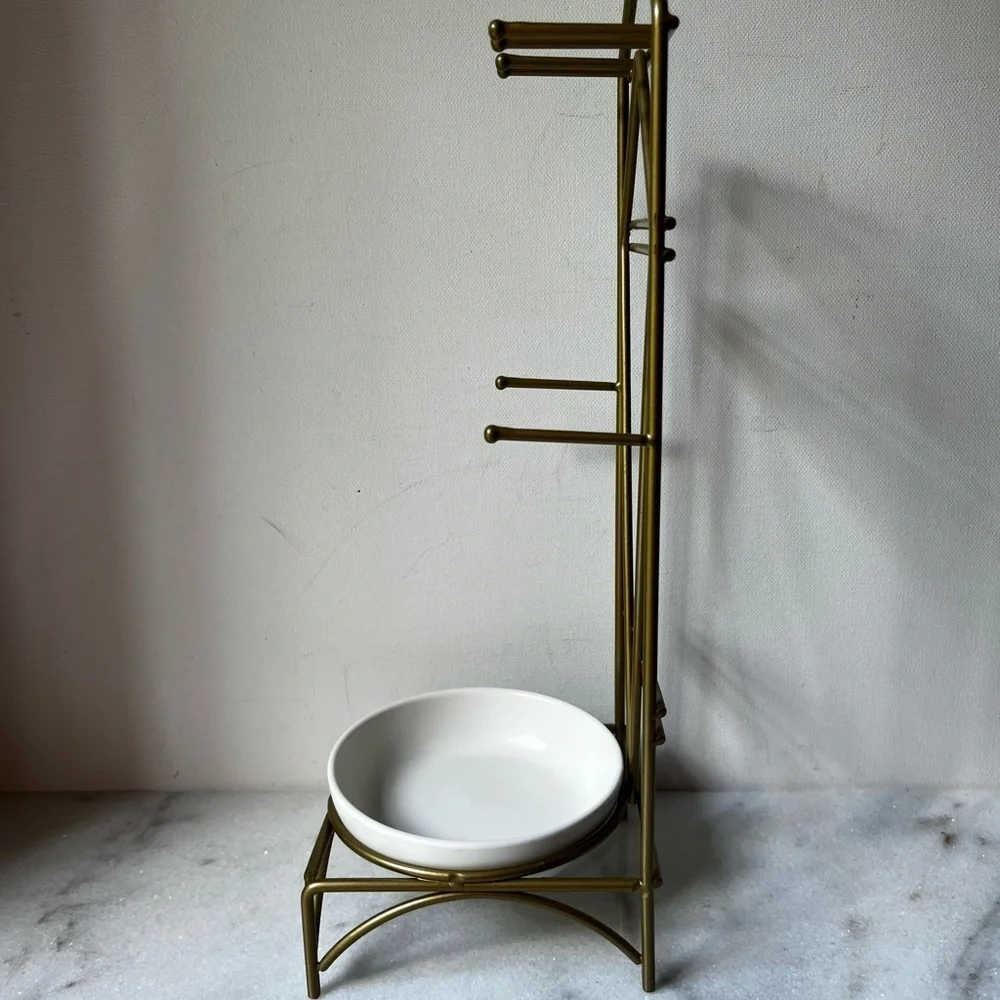Elegant Gold Metal jewelry Stand, display , holder with ceramic Bowl